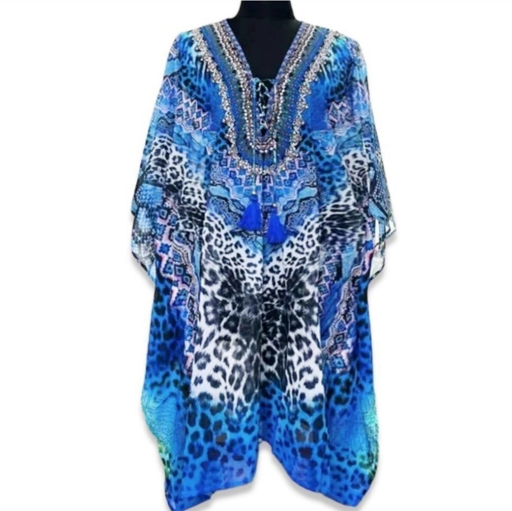 TRUE COLOURS By La Moda Vegas Mob Wife Glitzy Cat Short Caftan Blue Black